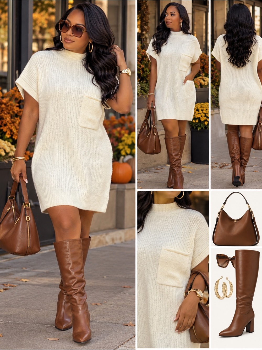 Zenana Ivory Ribbed Sweater Dress Mock Neck Tunic Pocket New